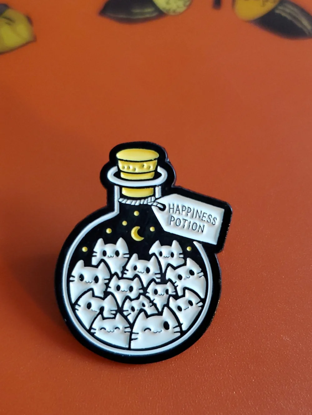 Happiness Potion Cat Bottle Enamel Pin - White & Yellow